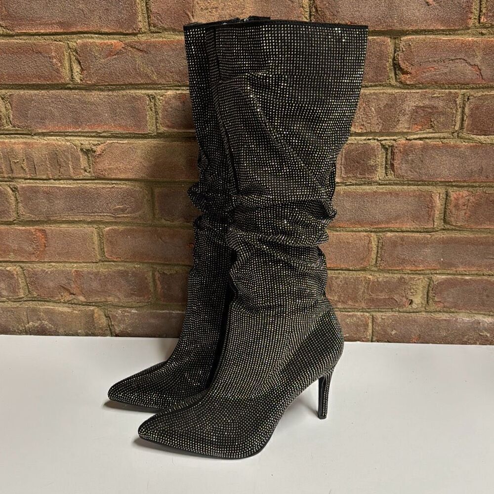 Mata Black Silver Sparkle Slouch Pointed Toe Heeled Boot Size 10 NEW - Picture 3 of 10